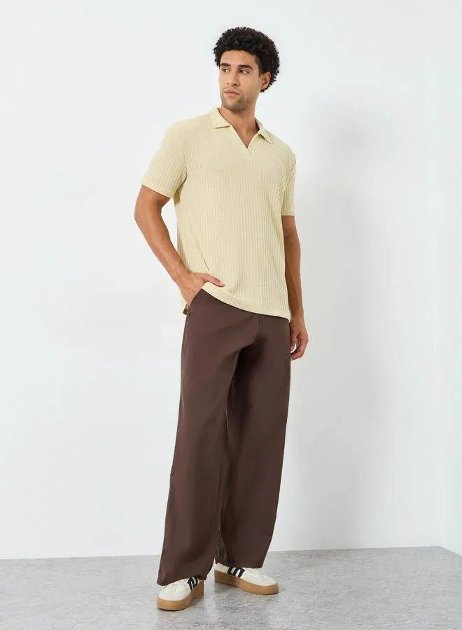 Styli Men Relaxed Mock Open Collar Textured Mesh Polo